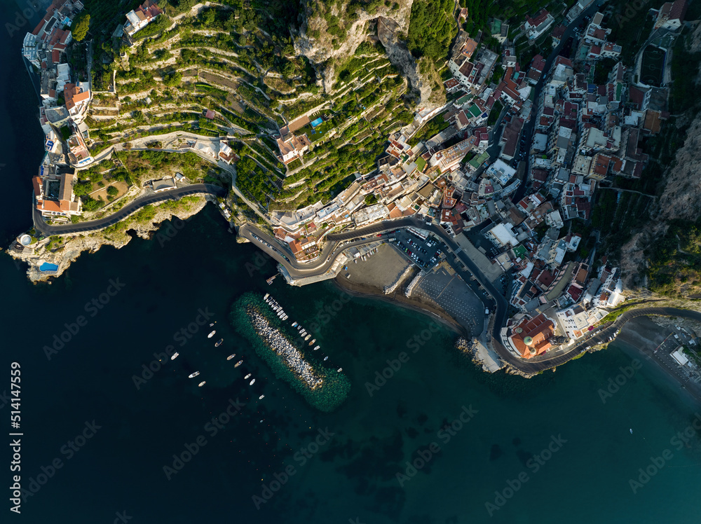 View from above, stunning aerial view of the village of Atrani. Atrani is a city and comune on the Amalfi Coast in the province of Salerno in the Campania region of south-western Italy.