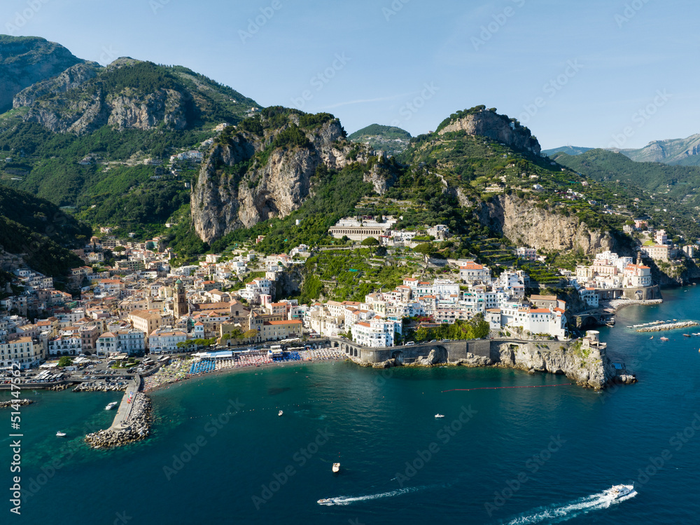 View from above, stunning aerial view of the village of Amalfi. Amalfi is a city and comune on the Amalfi Coast in the province of Salerno in the Campania region of south-western Italy.