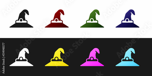 Set Witch hat icon isolated on black and white background. Happy Halloween party. Vector