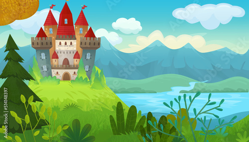 Cartoon scene beautiful castle near forest illustration