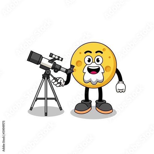 Illustration of round cheese mascot as an astronomer