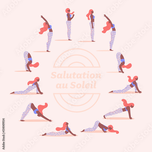 Woman with red hair and beautiful legging pants practicing hatha yoga and Sun Salutation