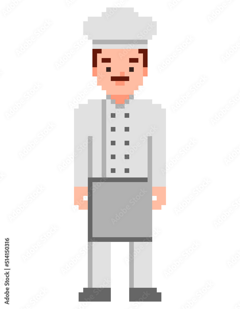 Chef isolated on white background. Cook pixel game style illustration. Vector pixel art design. 8 bit character icon. Chef isolated on white background. Cook pixel game style illustration. Vector pixel art design. 8 bit character icon.