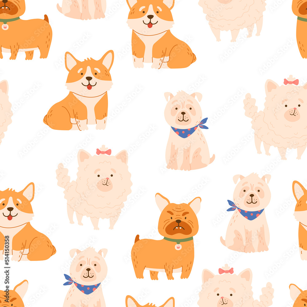 Seamless cartoon dogs pattern. Cute animals, pet vector hand drawn color background for kids apparel,fabric, textile, nursery decoration,wrapping paper