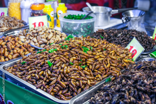 Thai food deep fried spicy silk worms and insects at night street food market, soft selective focus photo