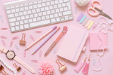 Notebook, Pink school girly accessories and keyboard on pastel pink Top view, mockup