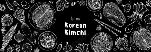 Kimchi cooking and ingredients for kimchi, sketch illustration. Korean cuisine frame. Healthy food, design elements. Hand drawn, package design. Asian food