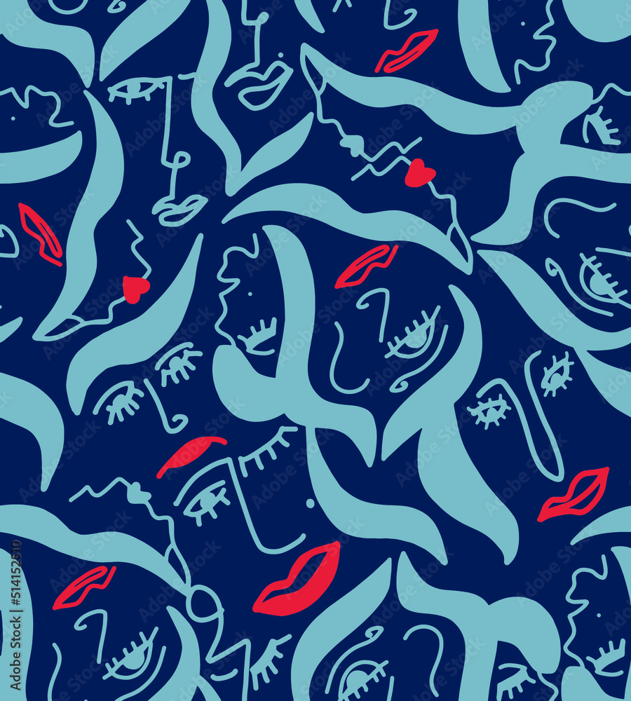 Obraz premium Abstract Hand Drawing Women Faces Lips Seamless Vector Pattern Isolated Background 