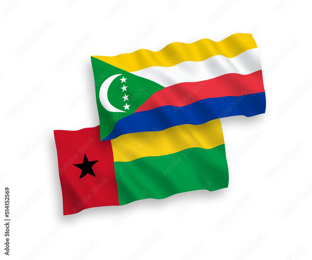 National vector fabric wave flags of Union of the Comoros and Republic of Guinea Bissau isolated on white background. 1 to 2 proportion. National vector fabric wave flags of Union of the Comoros and Republic of Guinea Bissau isolated on white background. 1 to 2 proportion.