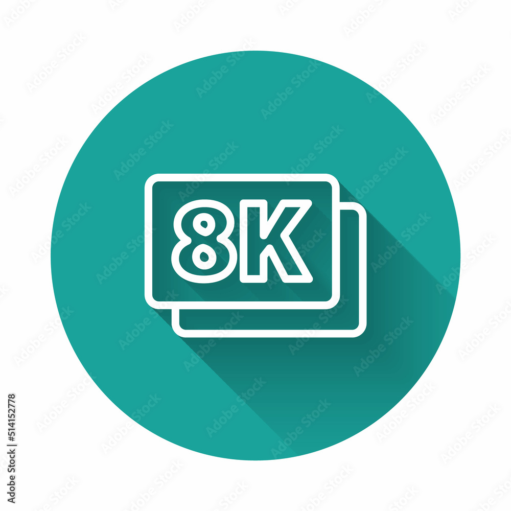 White line 8k Ultra HD icon isolated with long shadow. Green circle button. Vector White line 8k Ultra HD icon isolated with long shadow. Green circle button. Vector