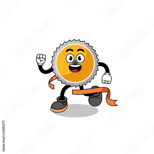 Mascot cartoon of saw blade running on finish line