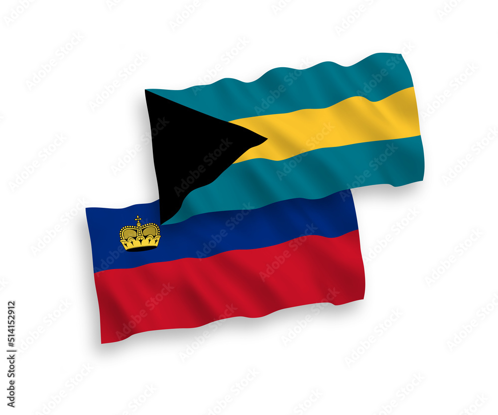Obraz premium National vector fabric wave flags of Liechtenstein and Commonwealth of The Bahamas isolated on white background. 1 to 2 proportion.