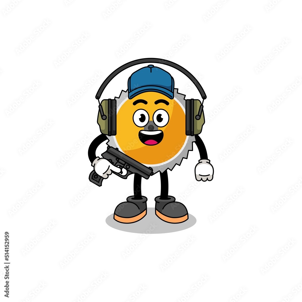 Character mascot of saw blade doing shooting range