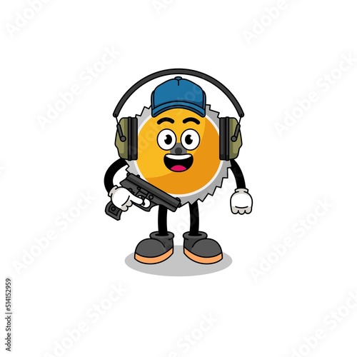 Character mascot of saw blade doing shooting range