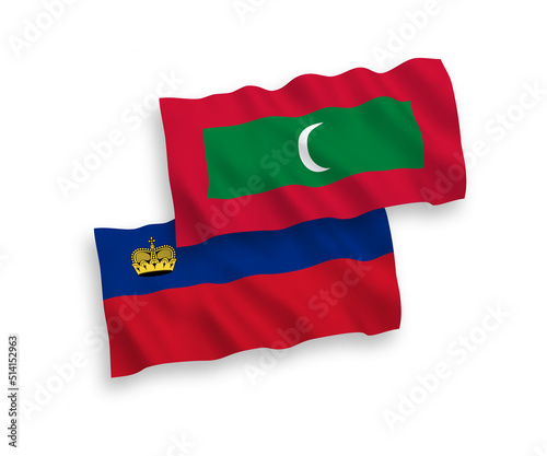 National vector fabric wave flags of Liechtenstein and Maldives isolated on white background. 1 to 2 proportion.