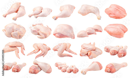 Leinwand Poster Isolated whole raw chicken parts collage on white background