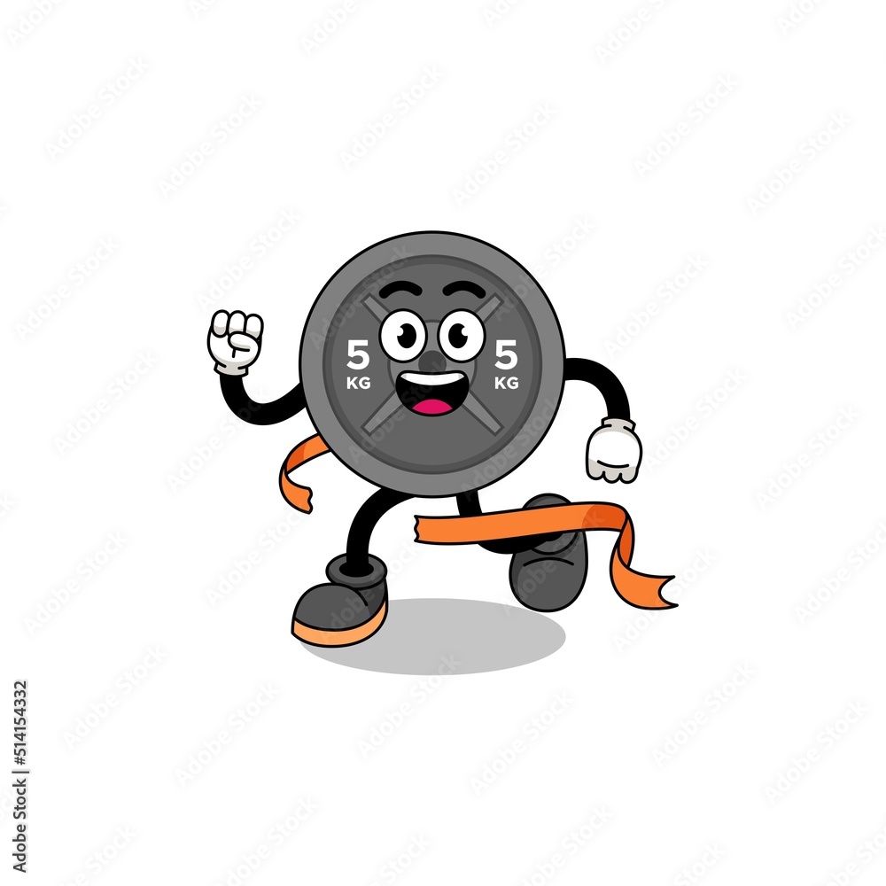 Mascot cartoon of barbell plate running on finish line