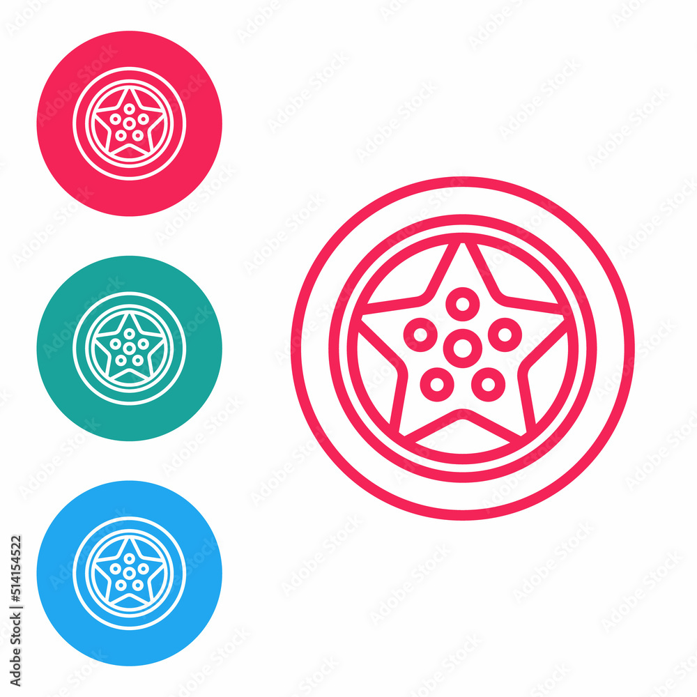 Red line Car wheel icon isolated on white background. Set icons in circle buttons. Vector Red line Car wheel icon isolated on white background. Set icons in circle buttons. Vector