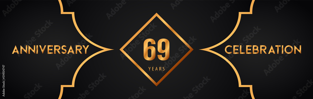 69th years anniversary logotype with gold line art deco background for the celebration event, wedding, greetings card, brochure, banner, poster, leaflet, graduation, happy birthday.