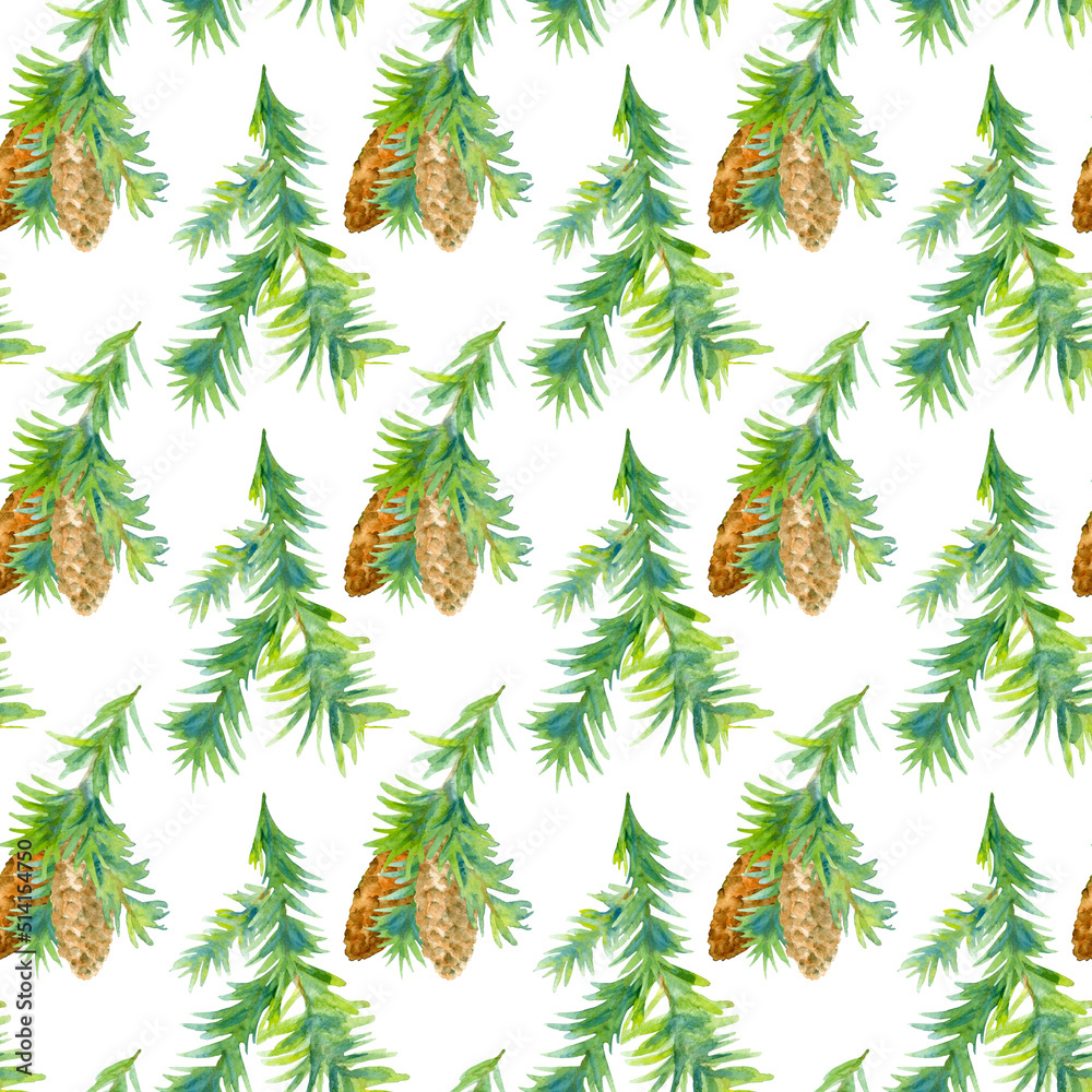 Seamless pattern of Spruce tree branches with cones and needles. Watercolor illustration isolated on a white background