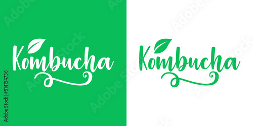 Banner con texto manuscrito Kombucha. Logo bar de té. Vector con silueta de hoja con florituras. Fondo verde y fondo blanco