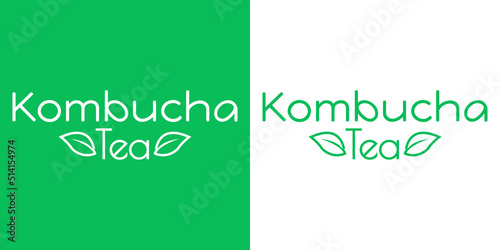 Banner con texto Kombucha Tea. Logo bar de té. Vector con silueta de hojas con líneas. Fondo verde y fondo blanco