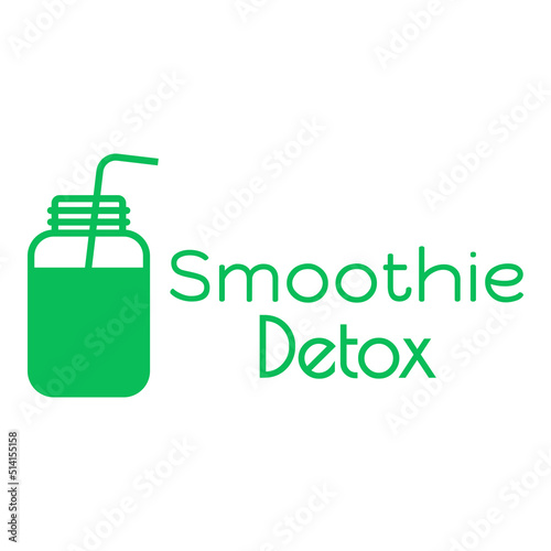 Banner con texto Smoothie Detox. Logo bar de zumos. Vector con silueta de botella y pajita para beber. Color verde