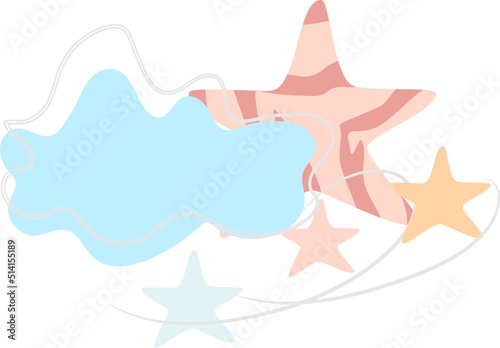 Minimalist abstract illustration featuring colorful starfish, ocean waves, and swirling lines, evoking a playful beach theme