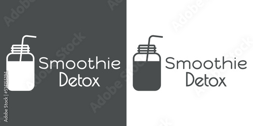 Banner con texto Smoothie Detox. Logo bar de zumos. Vector con silueta de botella y pajita para beber. Fondo gris y fondo blanco