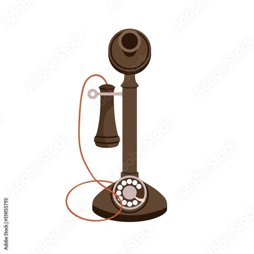 Vintage candlestick telephone, upright desk stand. Old candle stick phone with rotary dial of 1919. Manual telecommunication device. Colored flat vector illustration isolated on white background