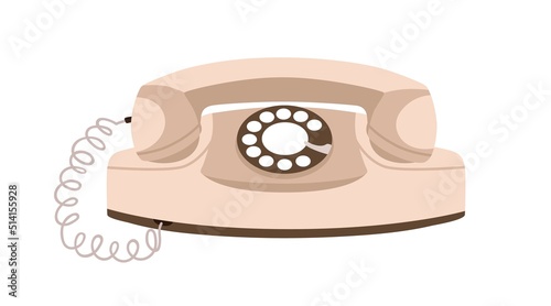 Retro telephone with rotary disk. Old princess phone of 50s. History desk set with headset receiver and disc. Historical obsolete device. Flat graphic vector illustration isolated on white background
