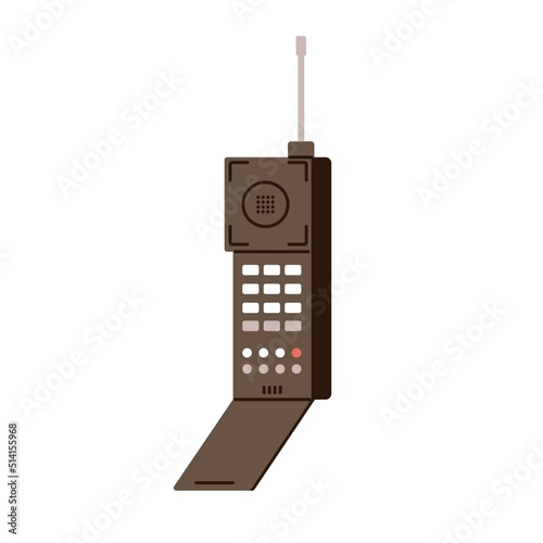 Old cellphone with antenna. Portable mobile telephone of 90s. Retro wireless cell phone model, first flip hand held device from history. Flat graphic vector illustration isolated on white background