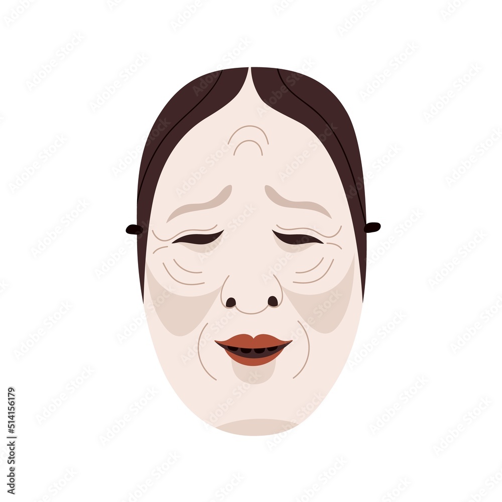 Japanese noh mask of onna face, woman head with emotions. Japan kabuki theater character for Asian folk festival. Oriental flat graphic vector illustration isolated on white background Japanese noh mask of onna face, woman head with emotions. Japan kabuki theater character for Asian folk festival. Oriental flat graphic vector illustration isolated on white background