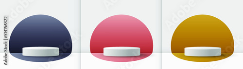 Stage 3d vector collection in pink, gold, black. Pedestal or platform for cosmetic product demonstration, showroom stage vector set. Podium platforms graphic design.