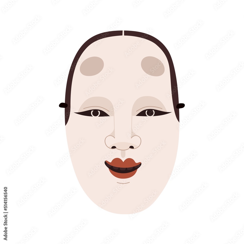 Japanese noh mask of female wakaonna face. Asian woman head with smile. Japan kabuki theater character for oriental theatrical festival. Flat graphic vector illustration isolated on white background Japanese noh mask of female wakaonna face. Asian woman head with smile. Japan kabuki theater character for oriental theatrical festival. Flat graphic vector illustration isolated on white background