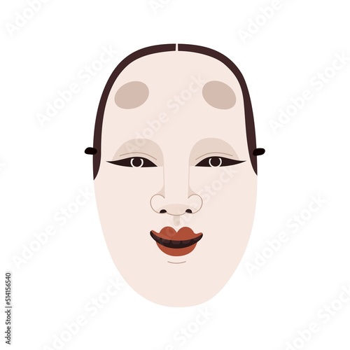 Japanese noh mask of female wakaonna face. Asian woman head with smile. Japan kabuki theater character for oriental theatrical festival. Flat graphic vector illustration isolated on white background