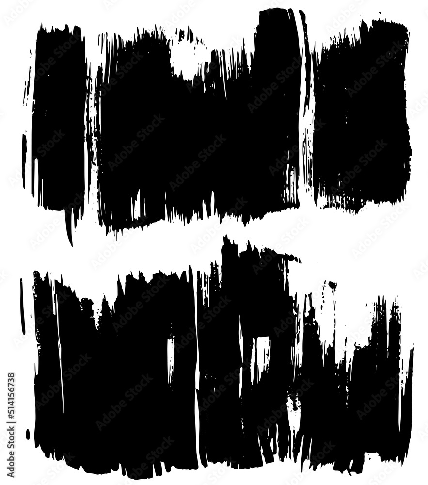 Black paint brush strokes, dirty inked grunge art brushes. Dirty ink texture splatters. Grunge rectangle text boxes