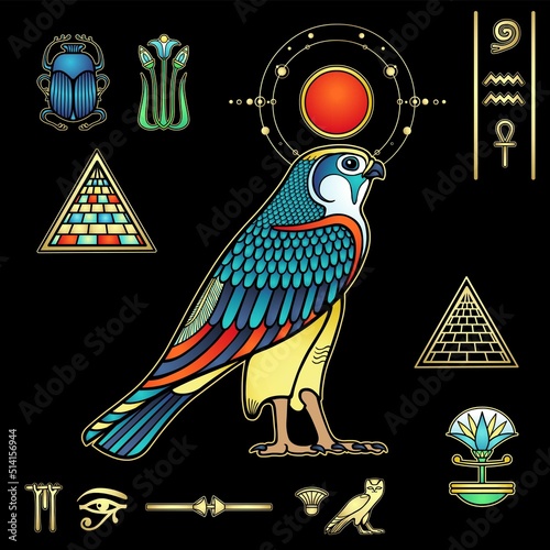 Animation color drawing: images of sacred Egyptian Falcon bird.  Sun disk. Set of hieroglyphs. Vector illustration isolated on a black background. 