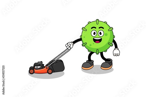 virus illustration cartoon holding lawn mower