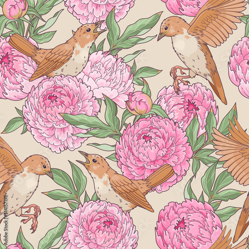 Pink peony and birds vector seamless pattern