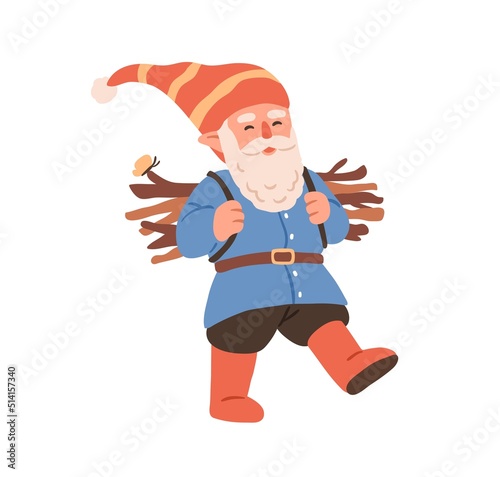 Happy forest gnome going, carrying dry twigs, firewood. Cute funny bearded dwarf walking with brushwood. Childish fairytale character. Fairy flat vector illustration isolated on white background
