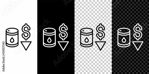 Set line Drop in crude oil price icon isolated on black and white, transparent background. Oil industry crisis concept. Vector