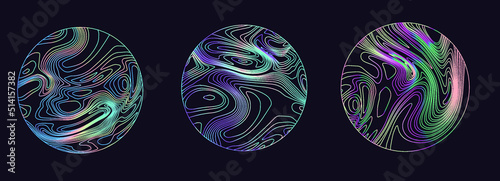Holographic circle with glitchy and distorted line pattern. Modern trendy logotype template.