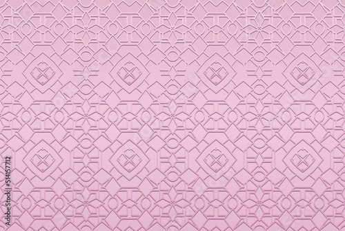 Embossed satin soft pink background, cover design. Geometric glamor 3D pattern, ethnic texture. Tribal ornaments of the East, Asia, India, Mexico, Aztecs, Peru. National traditions.