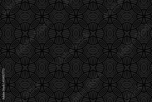 Embossed black background, cover design. Geometric exotic 3D pattern, ethnic texture. Tribal ornaments of the East, Asia, India, Mexico, Aztecs, Peru. National traditions.