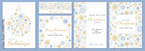 Modern universal artistic templates. Merry Christmas Corporate Holiday cards and invitations with beautiful snowflakes in modern line art style on white background