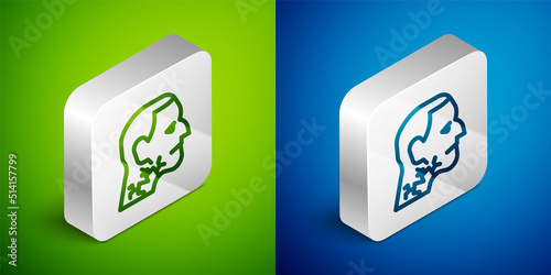 Isometric line Throat cancer icon isolated on green and blue background. Laryngeal cancer. Silver square button. Vector