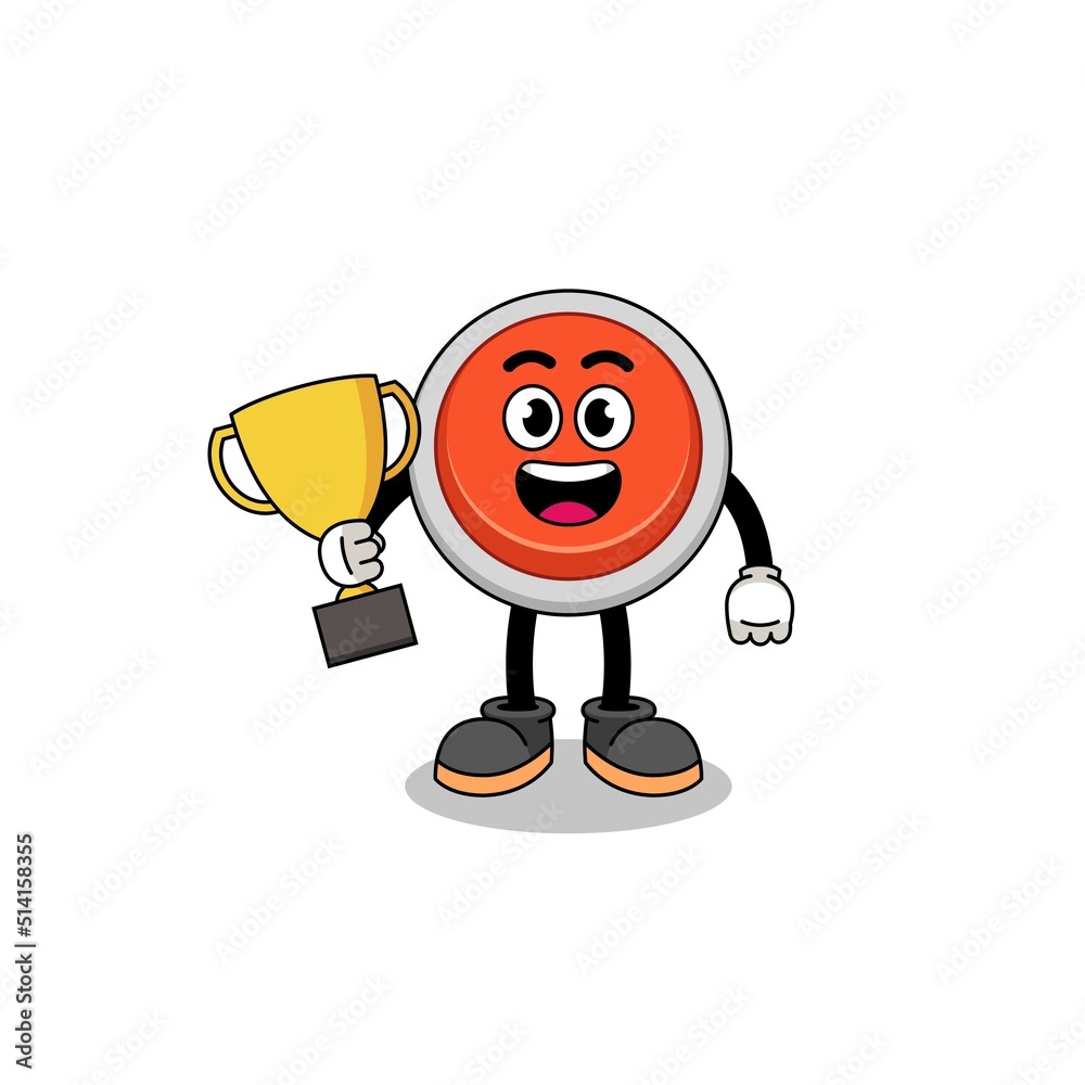 Cartoon mascot of emergency button holding a trophy Cartoon mascot of emergency button holding a trophy