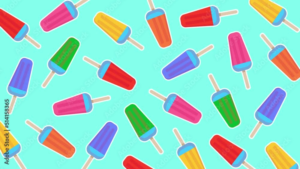 Multicolored ice cream on a stick on a blue background. Moving in one place ice cream, frozen popsicles. Animated summer video Multicolored ice cream on a stick on a blue background. Moving in one place ice cream, frozen popsicles. Animated summer video