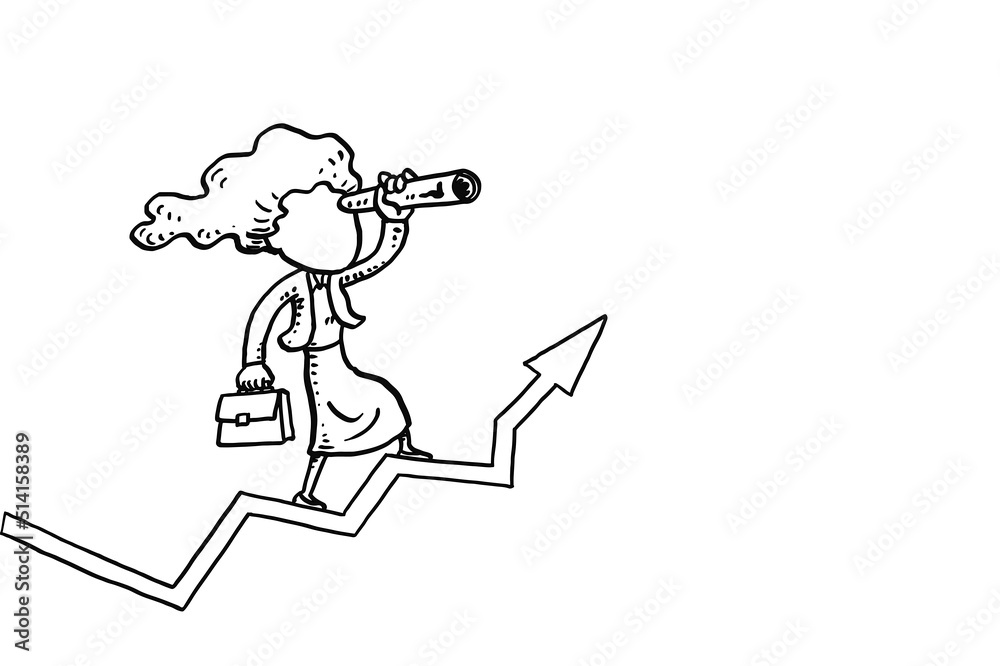 Smart investor searching for new business ideas. Bussiness woman standing on rising stock market value. Cartoon vector illustration design Smart investor searching for new business ideas. Bussiness woman standing on rising stock market value. Cartoon vector illustration design